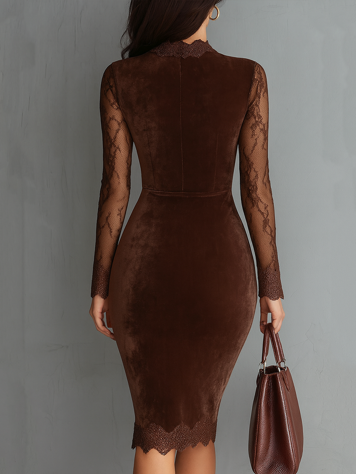 Vintage Keyhole Neck Lace Sleeves Velvet Mini Dress