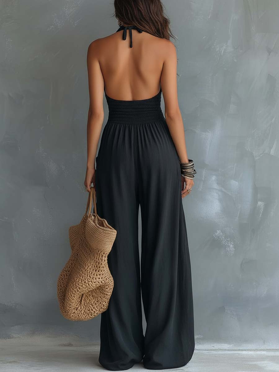 Mono vintage con tirantes halter y bolsillos