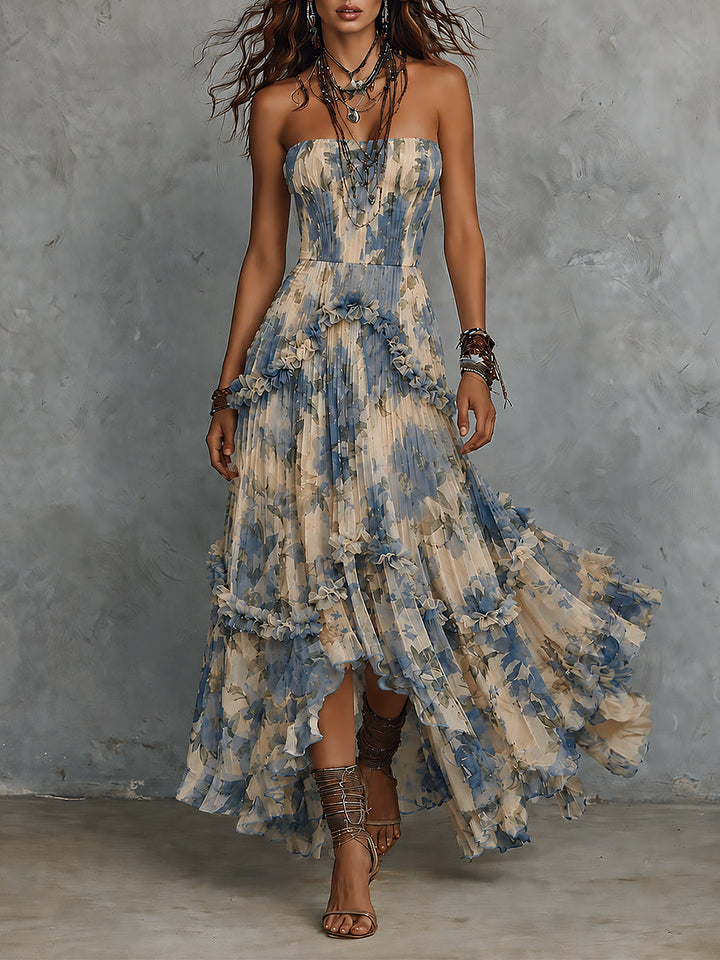 Abito lungo in chiffon stampato senza spalline