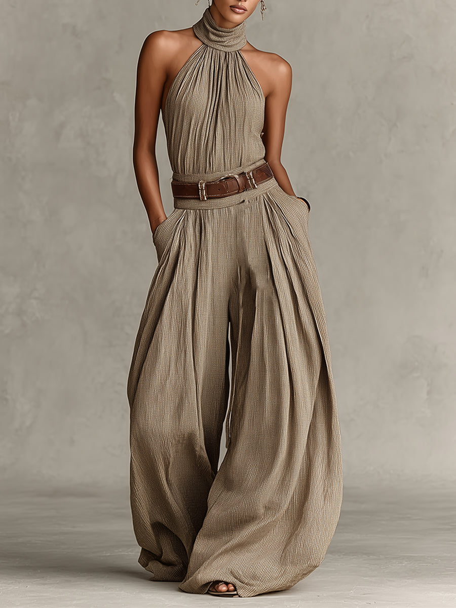 Taupe boheme halter jumpsuit med vide ben (uden bælte)