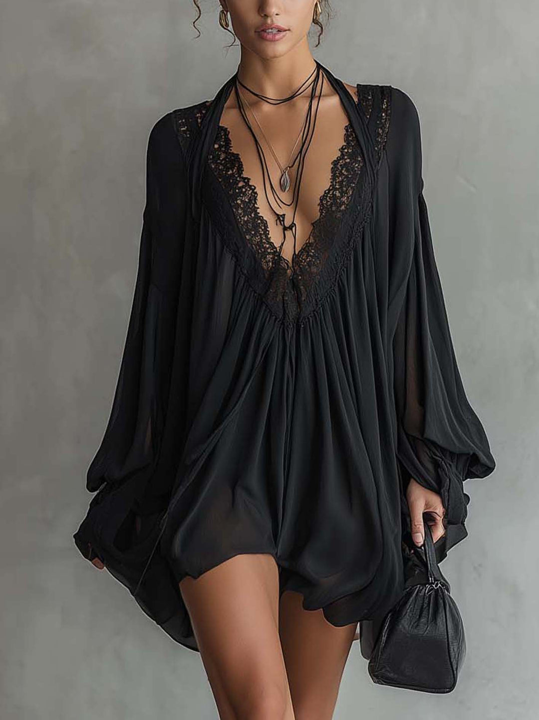 Black Lace Open-Back Mini Dress Coveclover Black Lace Open-Back Mini Dress Coveclover