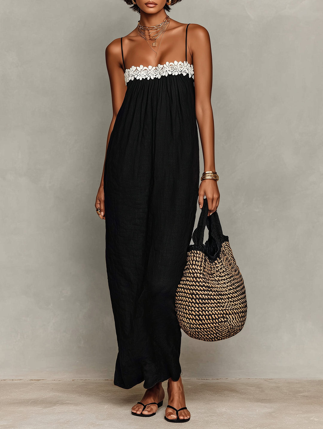 Linen Lace-Insert Strapless Maxi Dress