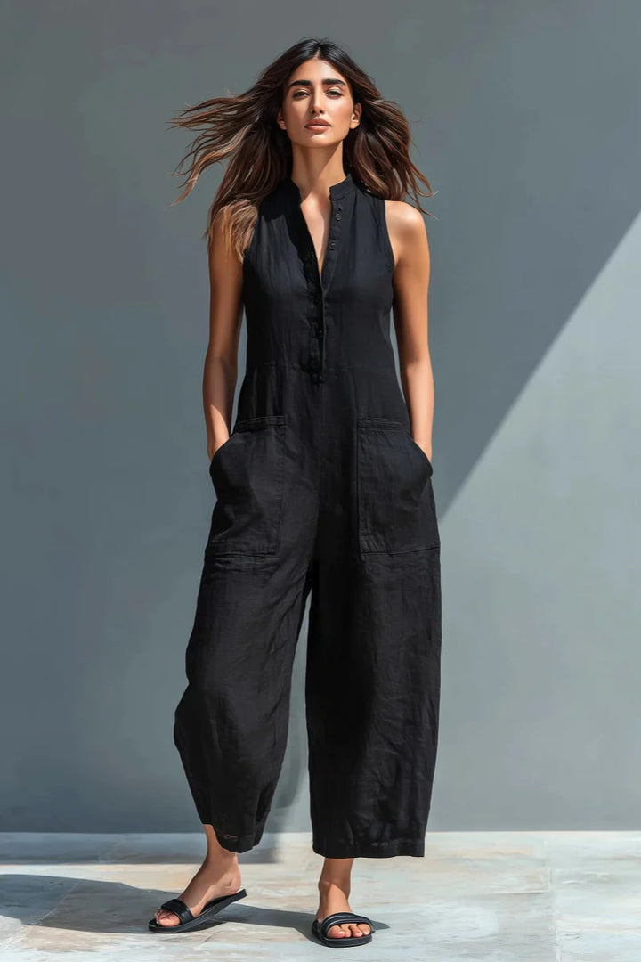 Black Linen-Blend Stand Collar Sleeveless Jumpsuit