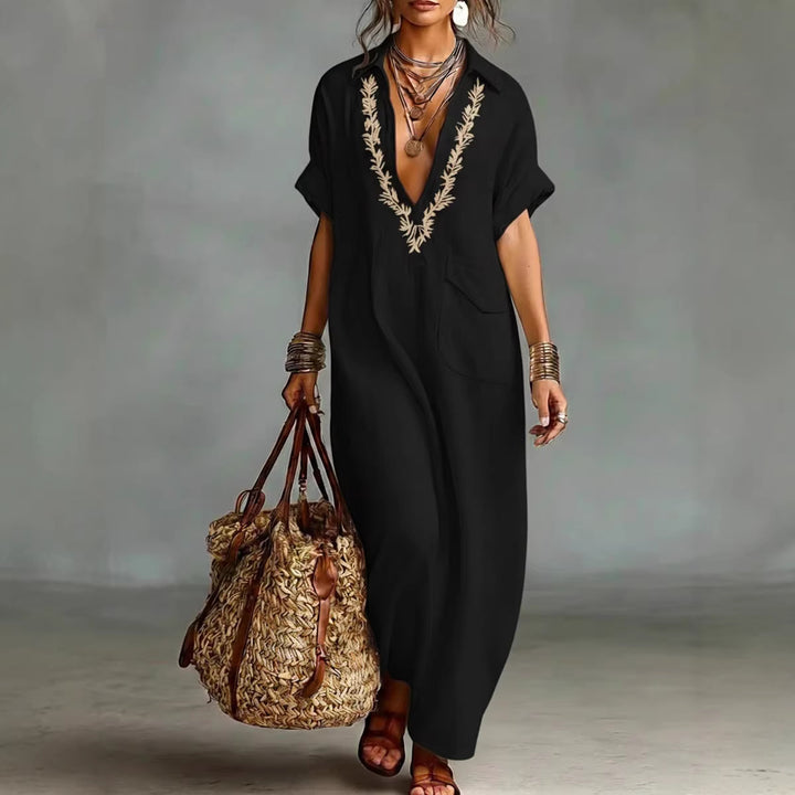 Minimalist Linen Blend Embroidered Short-sleeved Shirt Maxi Dress
