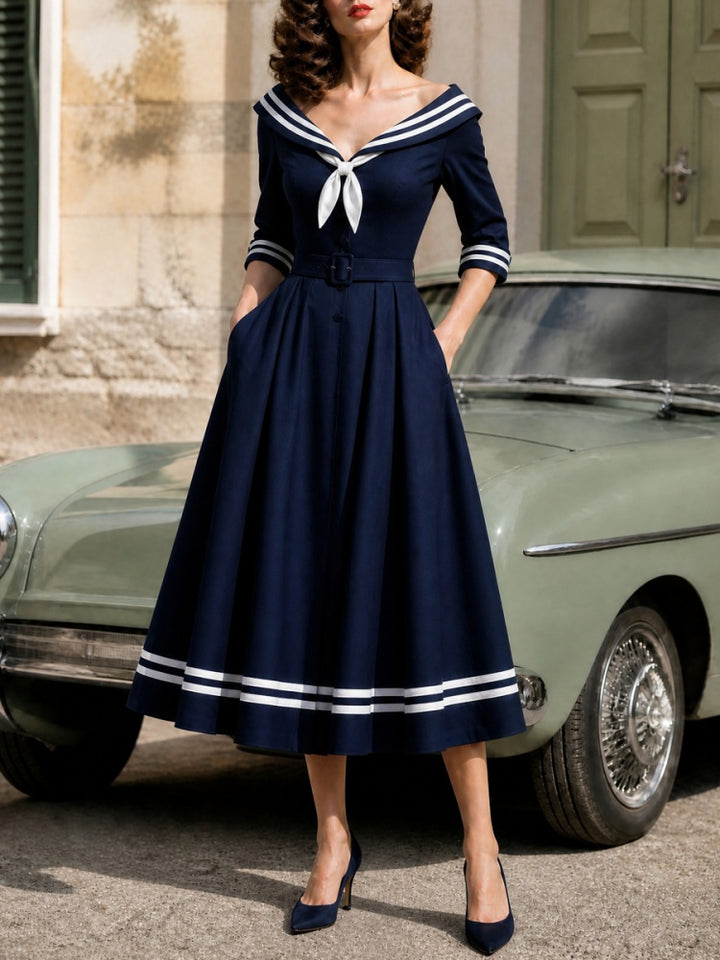 Vintage Sailor Collar Midi Dress