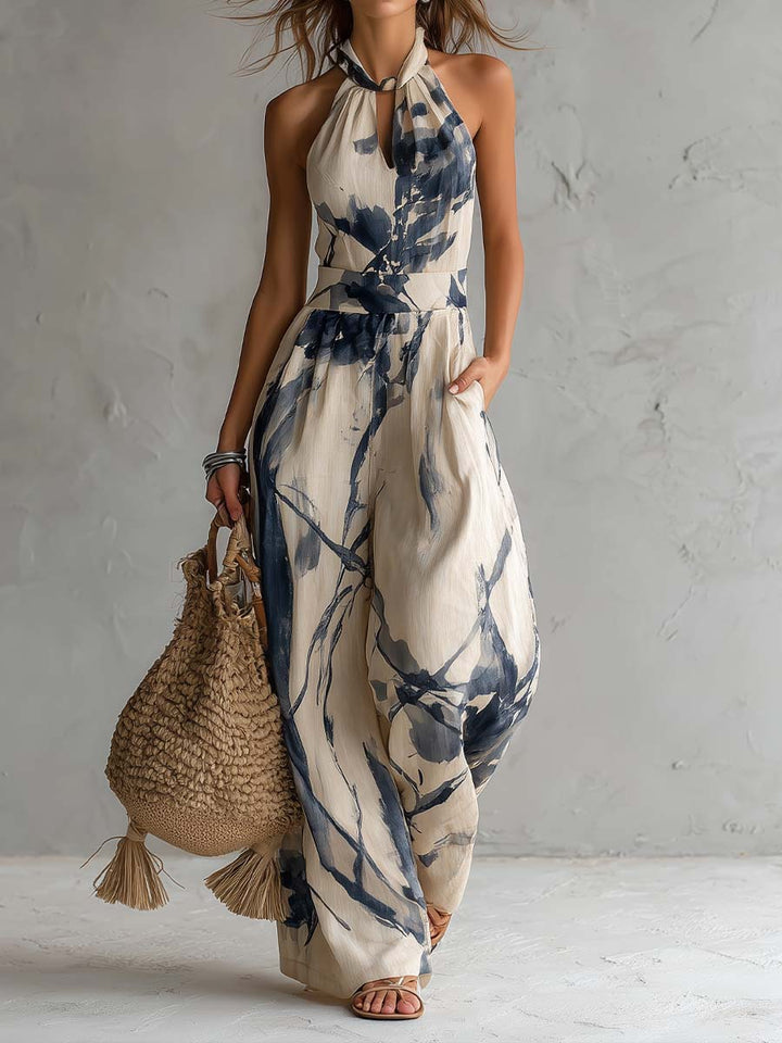 Halter-Neck Jumpsuit mit Ink-Wash-Print, weitem Bein und Taschen