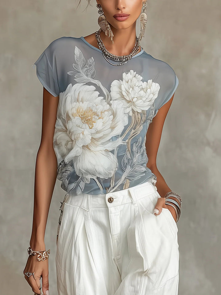 Blauwe bloemen chiffon blouse