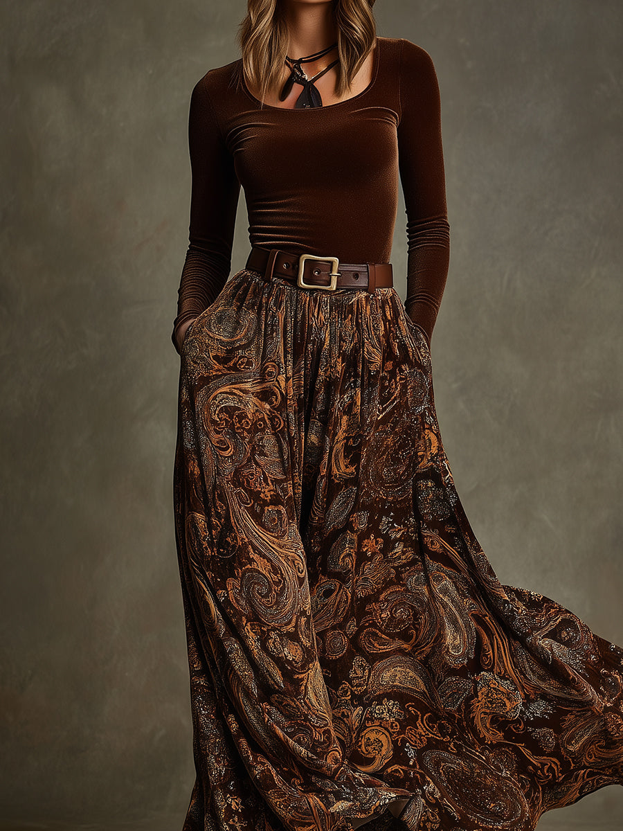 Vintage Stretch Velvet Top & Paisley Print Long Skirt Set With Belt