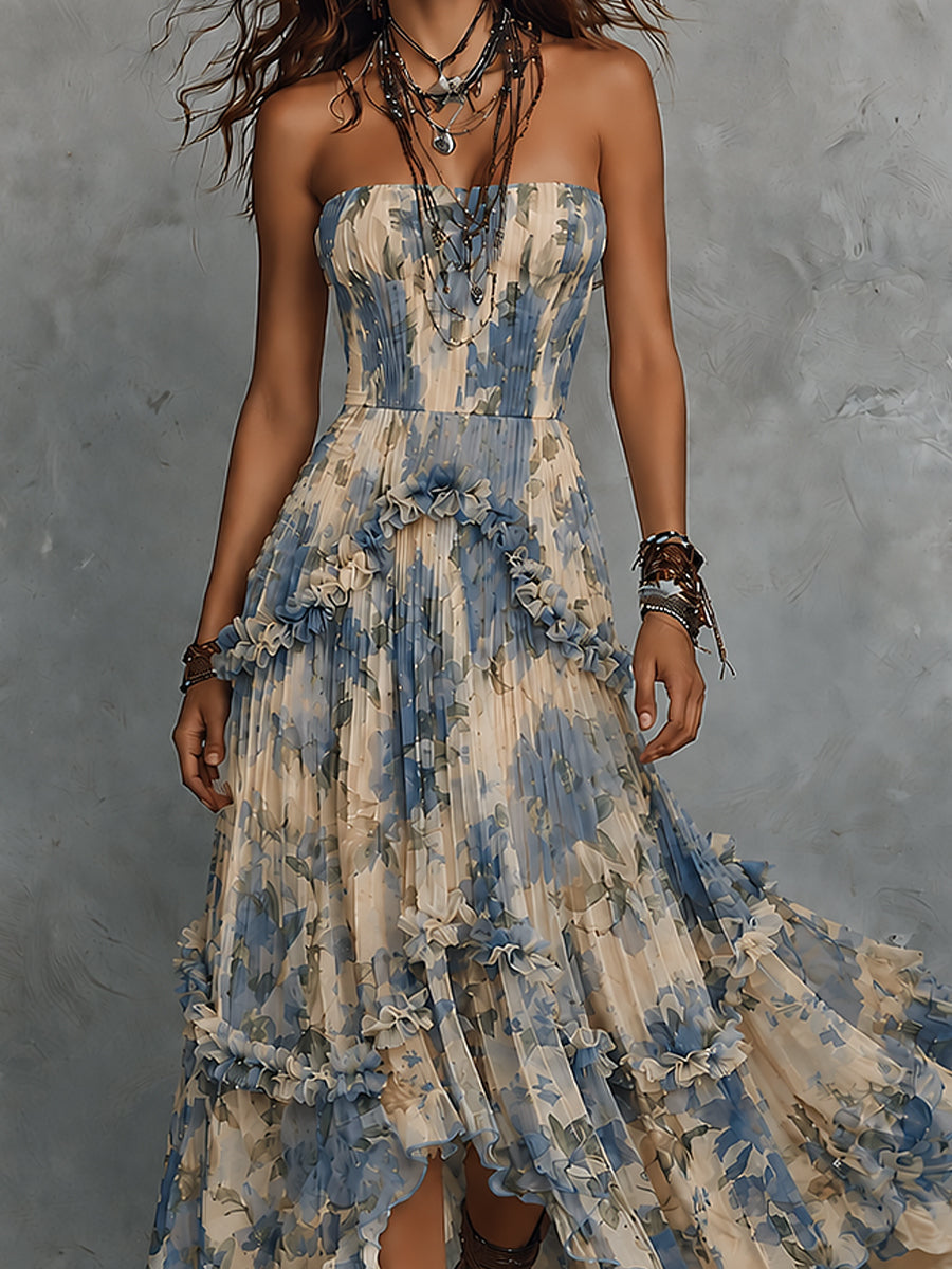Abito lungo in chiffon stampato senza spalline