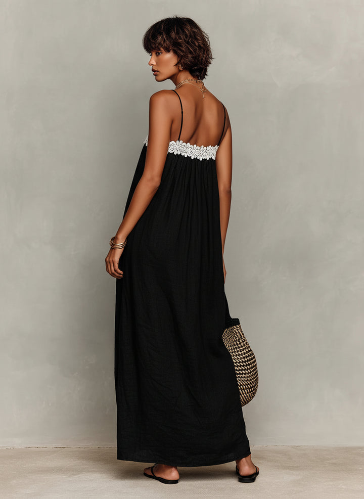 Linen Lace-Insert Strapless Maxi Dress