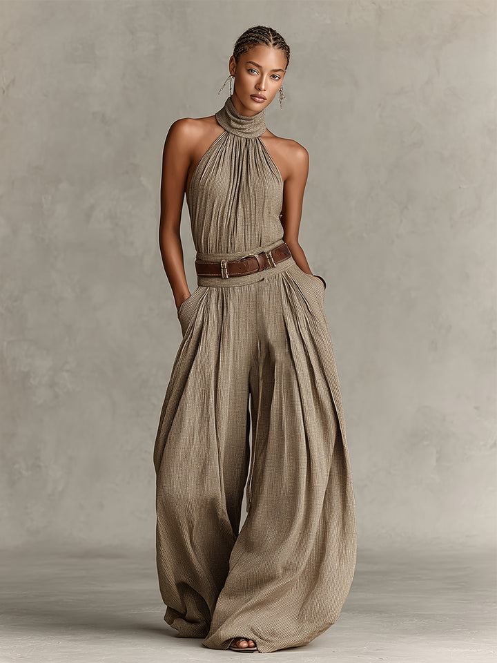 Taupe boheme halter jumpsuit med vide ben (uden bælte)