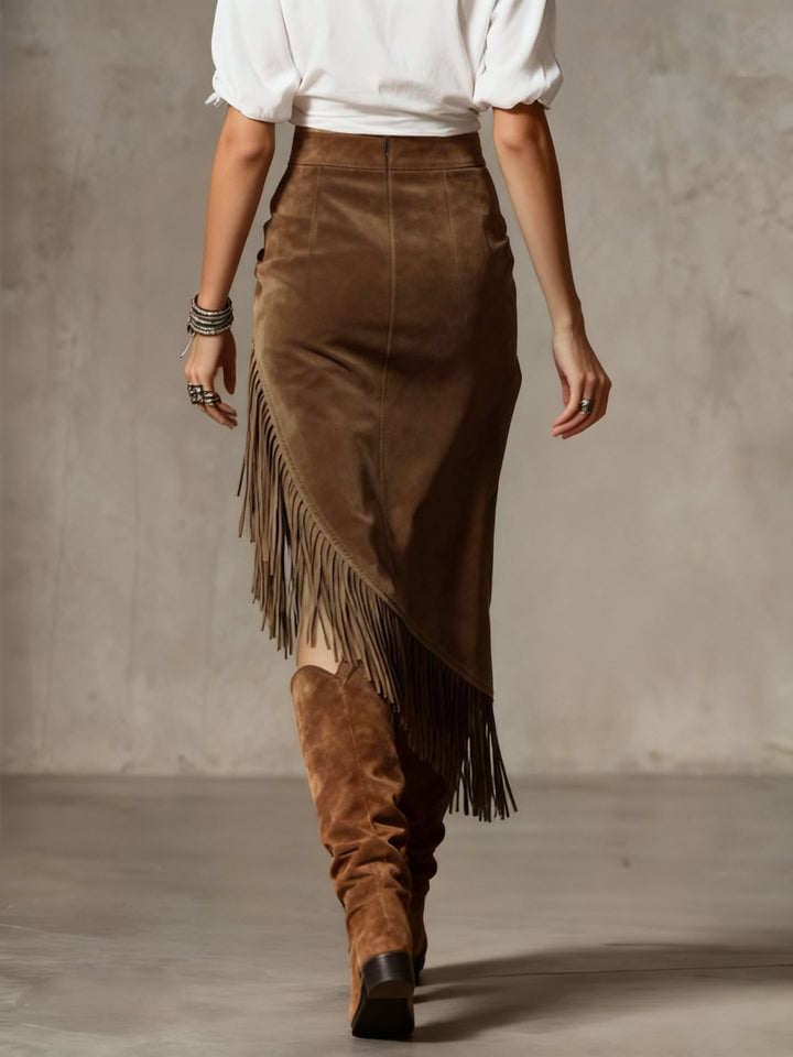 Retro Western Style Irregular Design Fringed Suede Skirt