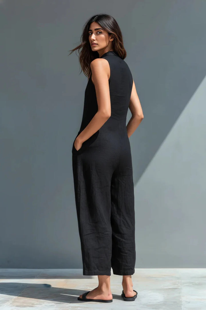 Black Linen-Blend Stand Collar Sleeveless Jumpsuit
