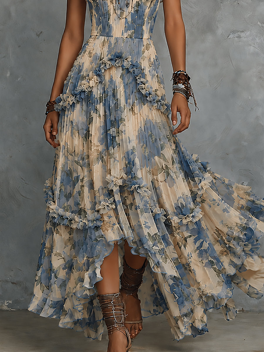 Abito lungo in chiffon stampato senza spalline