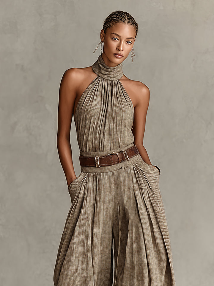 Taupe boheme halter jumpsuit med vide ben (uden bælte)