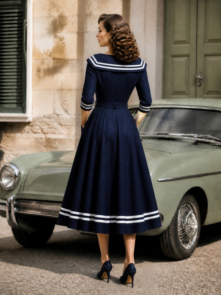 Vintage Sailor Collar Midi Dress