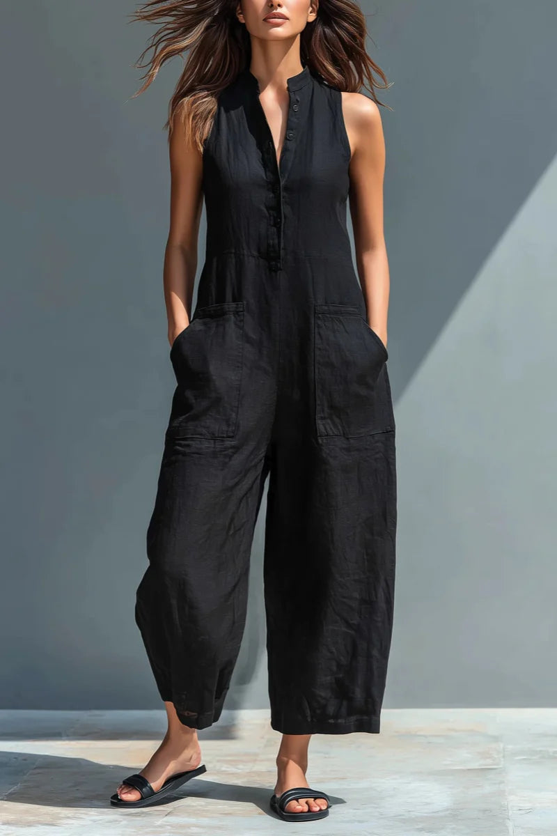 Black Linen-Blend Stand Collar Sleeveless Jumpsuit