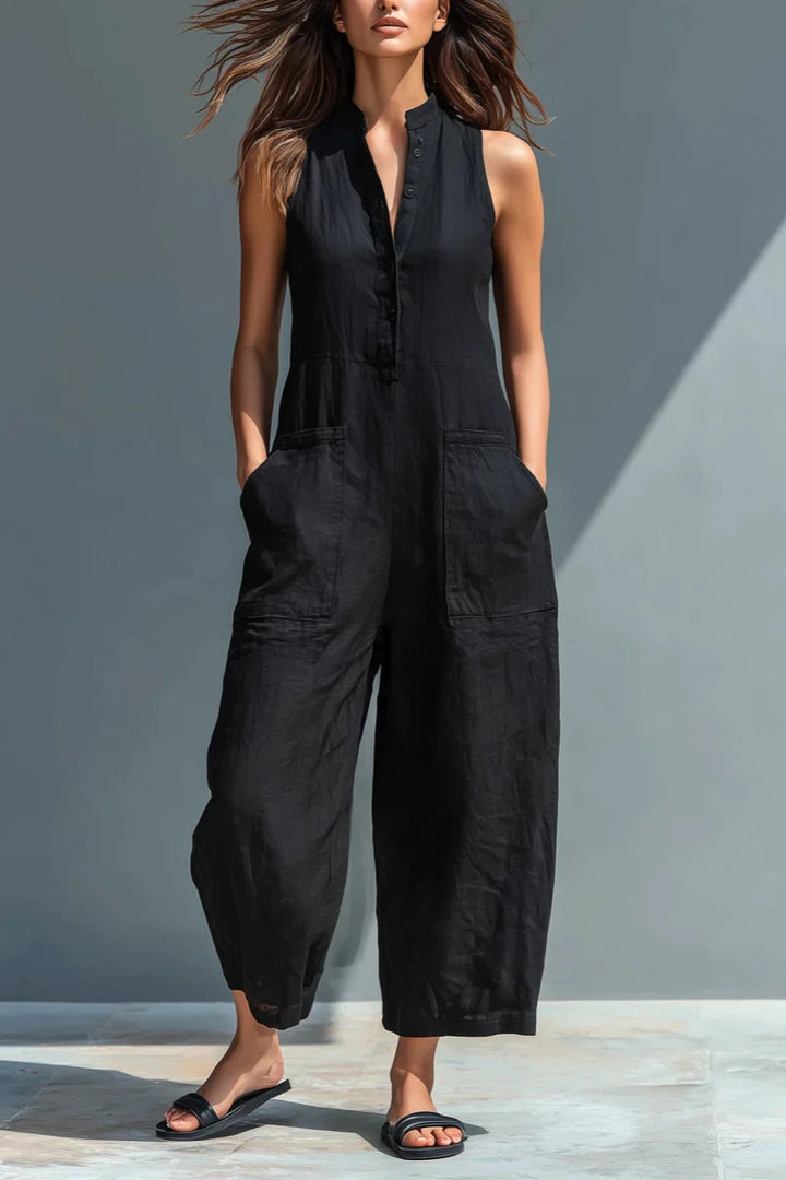Black Linen-Blend Stand Collar Sleeveless Jumpsuit