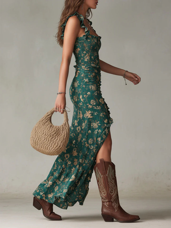 Bohemian grünes Maxikleid mit Rüschenärmeln und Print