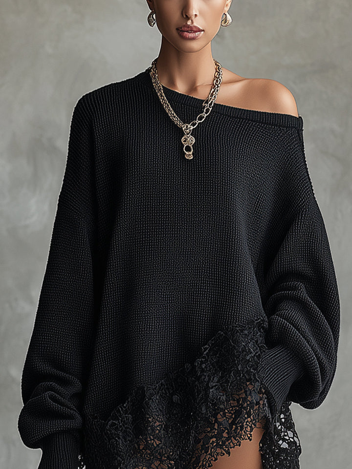 Vestido preto oversized com bainha em renda
