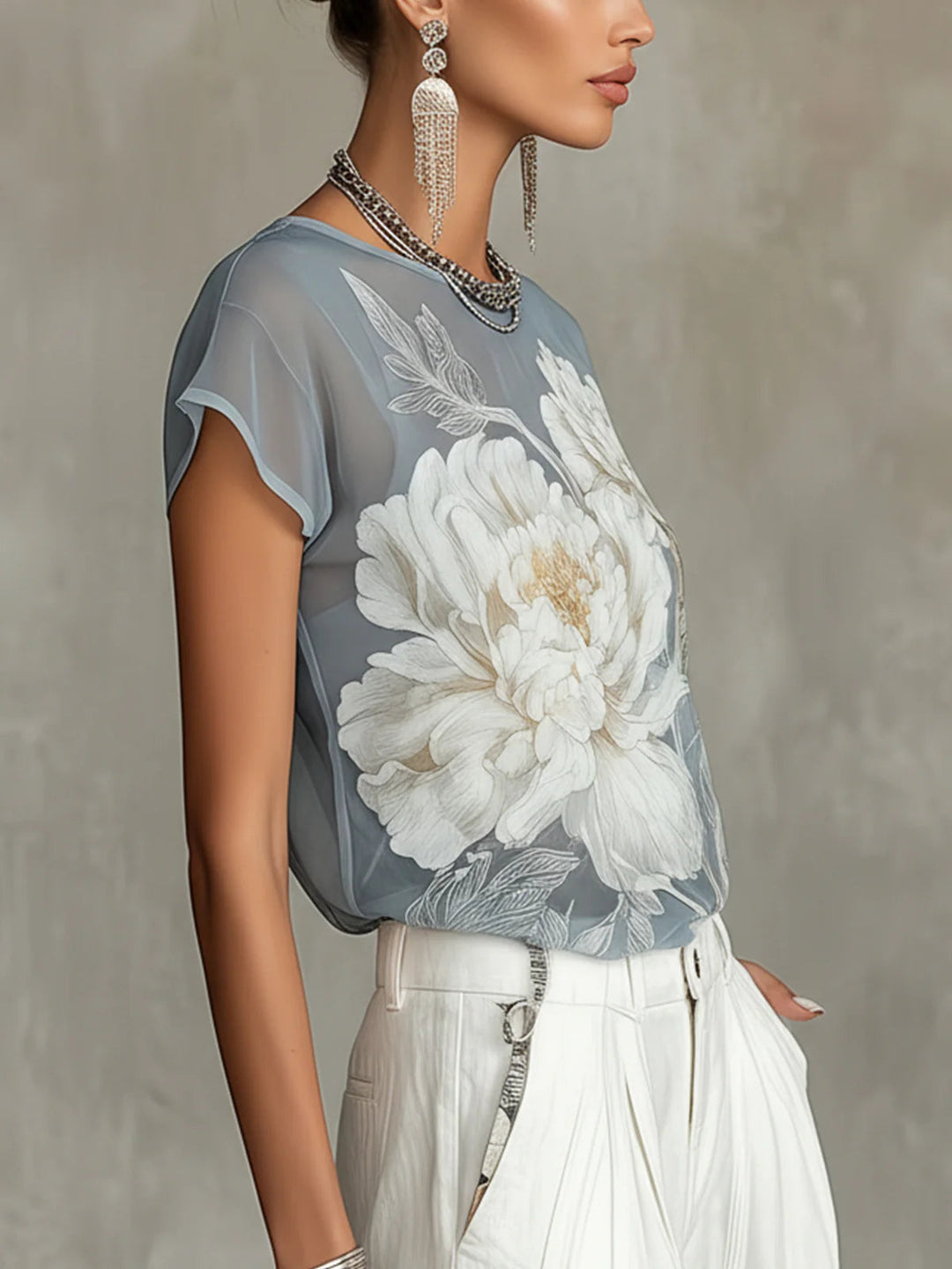 Blauwe bloemen chiffon blouse