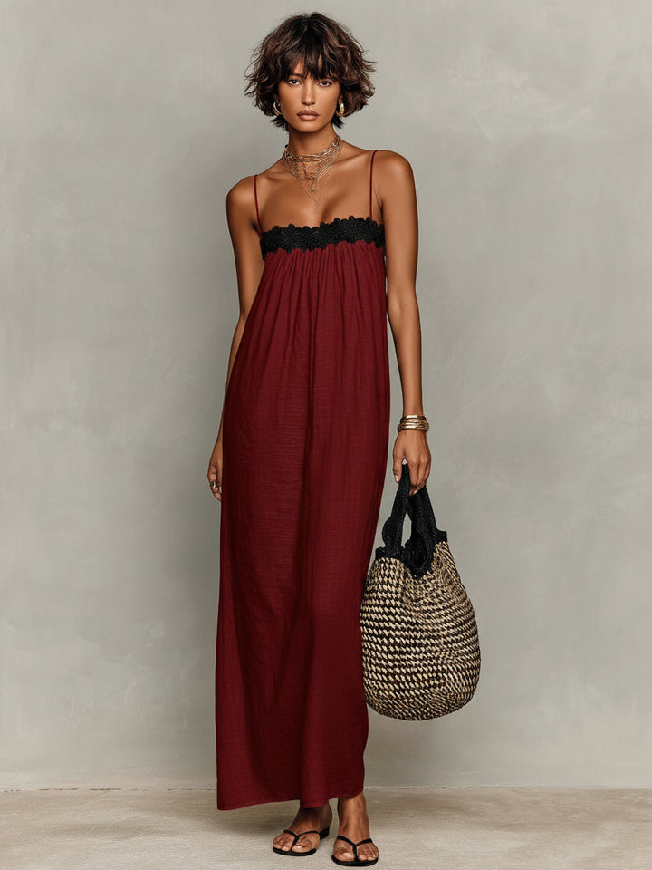 Linen Lace-Insert Strapless Maxi Dress