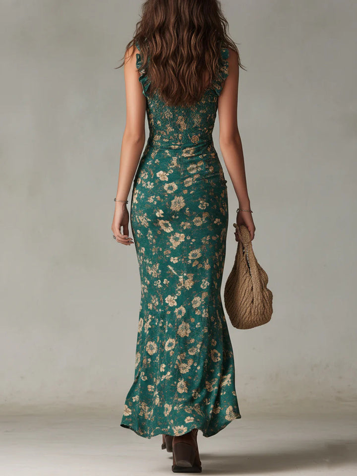 Bohemian grünes Maxikleid mit Rüschenärmeln und Print