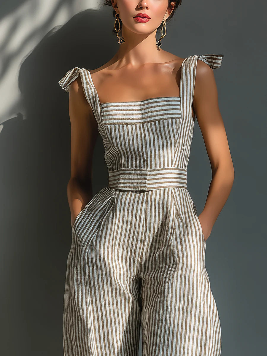 Beiger Jumpsuit aus Leinenmischung mit Streifen, Knoten an der Schulter und weitem Bein