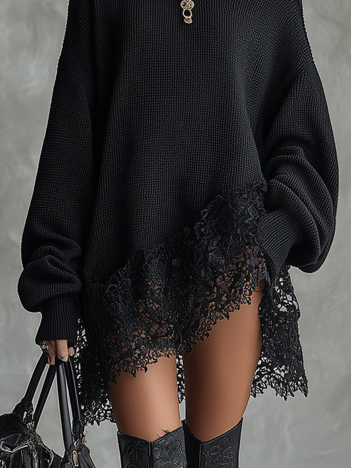 Vestido preto oversized com bainha em renda
