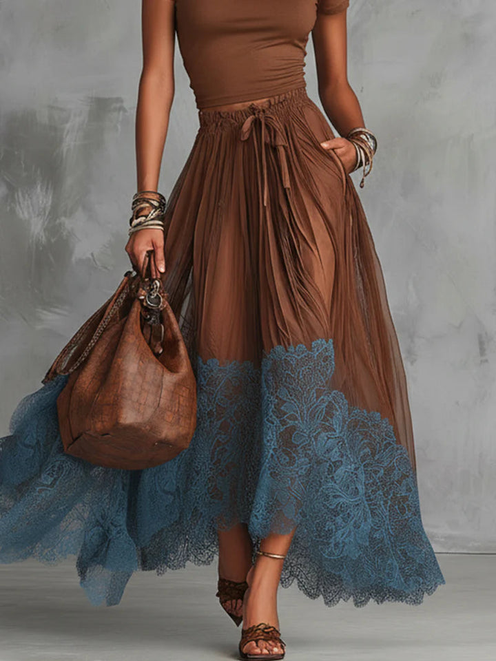 Ensemble jupe en tulle marron et bleu à dentelle