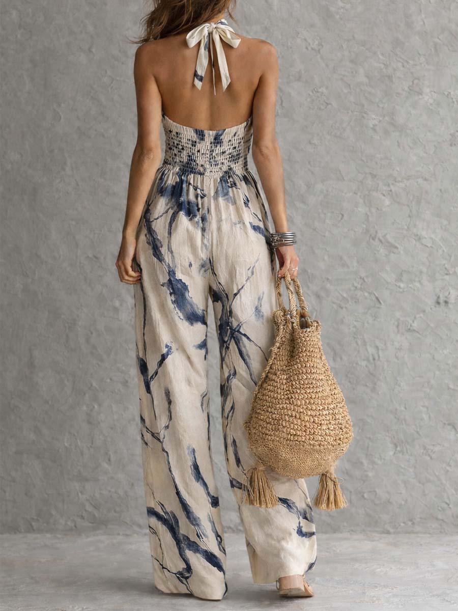 Halter-Neck Jumpsuit mit Ink-Wash-Print, weitem Bein und Taschen