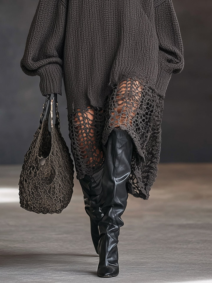 Charcoal na Knit Mesh Dress na V-Neck