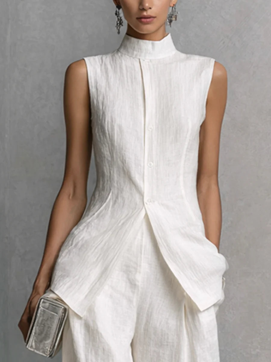 Set top fără mâneci din in și bumbac alb și pantaloni largi