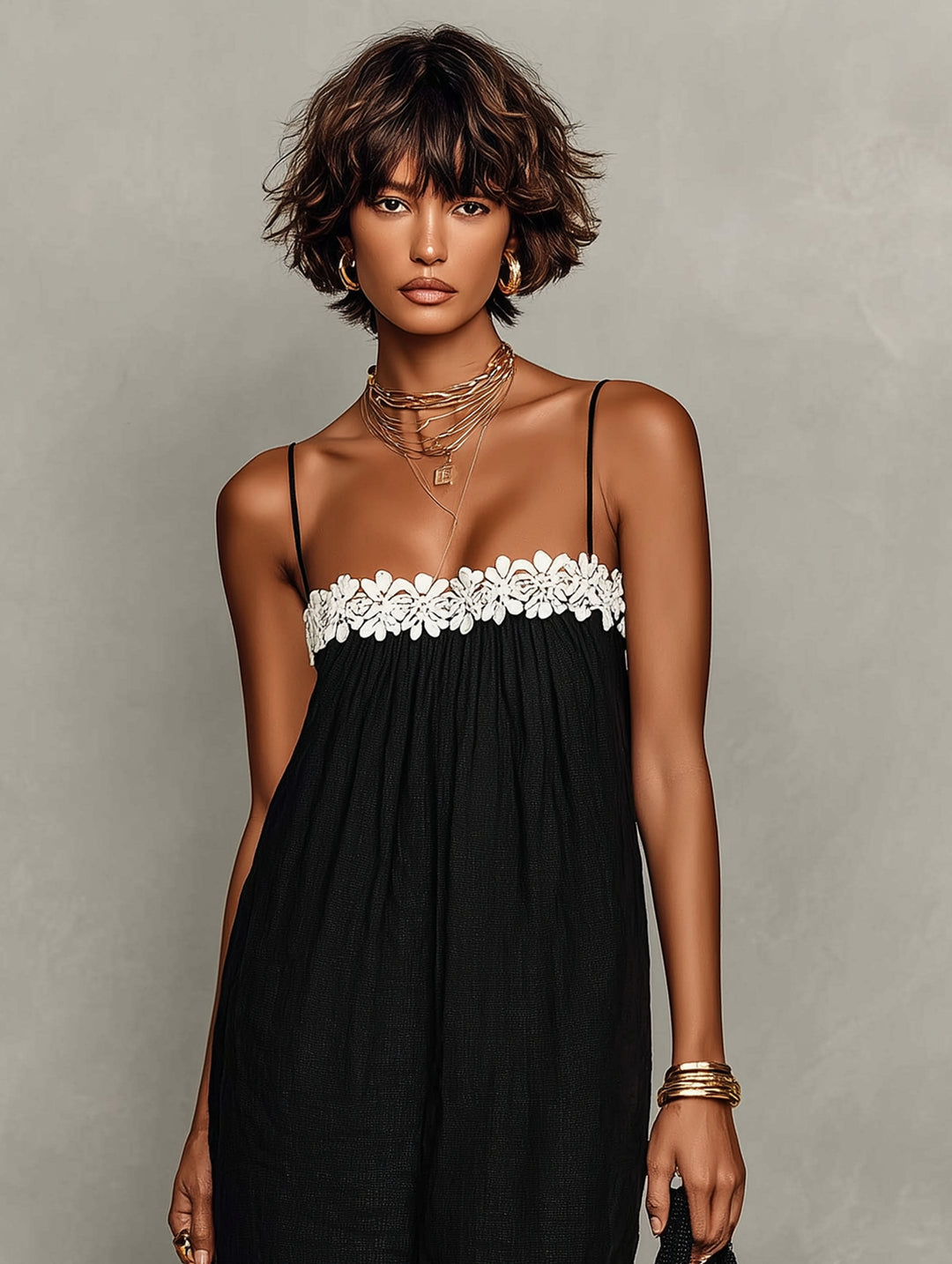 Linen Lace-Insert Strapless Maxi Dress