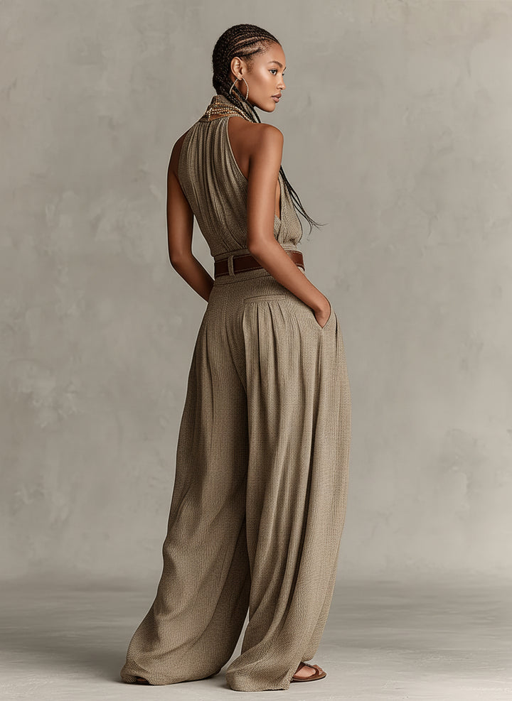 Taupe boheme halter jumpsuit med vide ben (uden bælte)