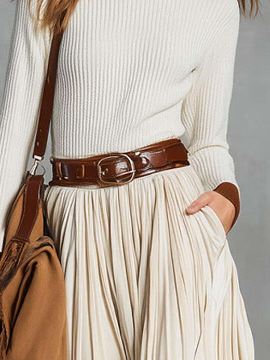 Fashionable And Simple Beige Velvet Lace-up Pocket Skirt