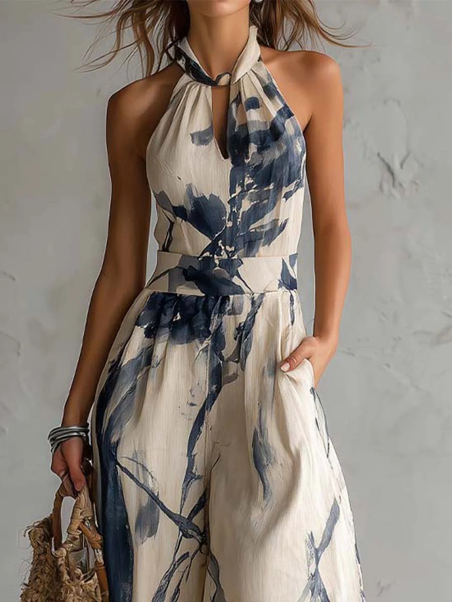 Halter-Neck Jumpsuit mit Ink-Wash-Print, weitem Bein und Taschen