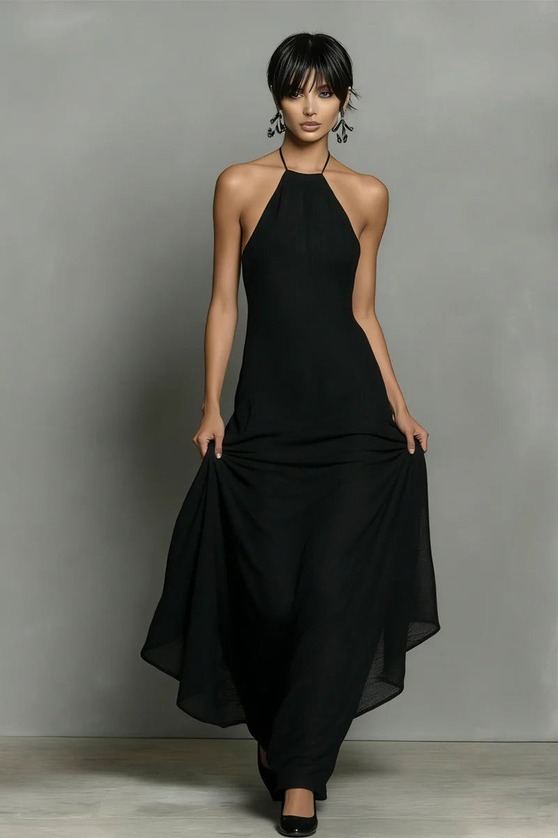 Svart linneblandad halterneck maxiklänning utan rygg