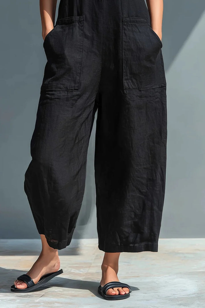 Black Linen-Blend Stand Collar Sleeveless Jumpsuit