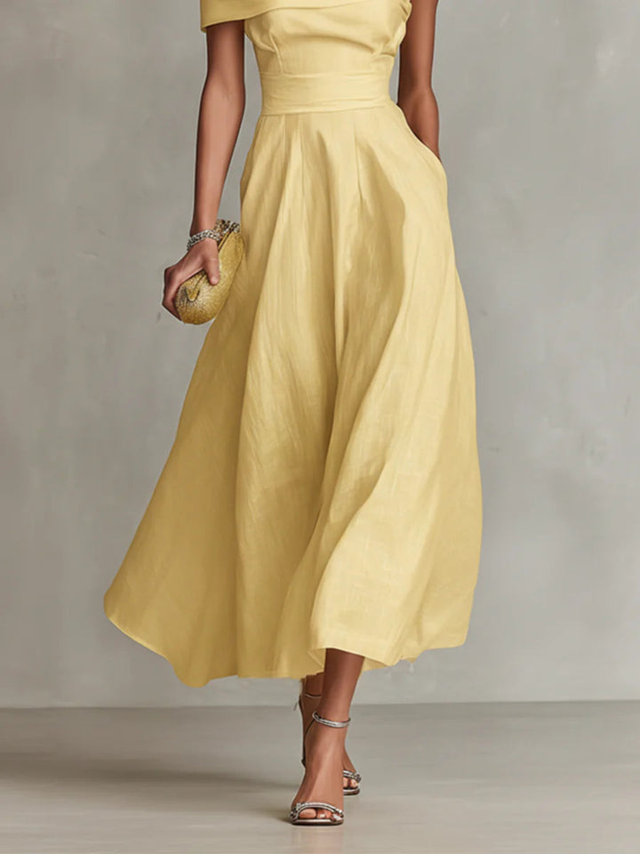 옐로 린넨 원숄더 맥시 드레스