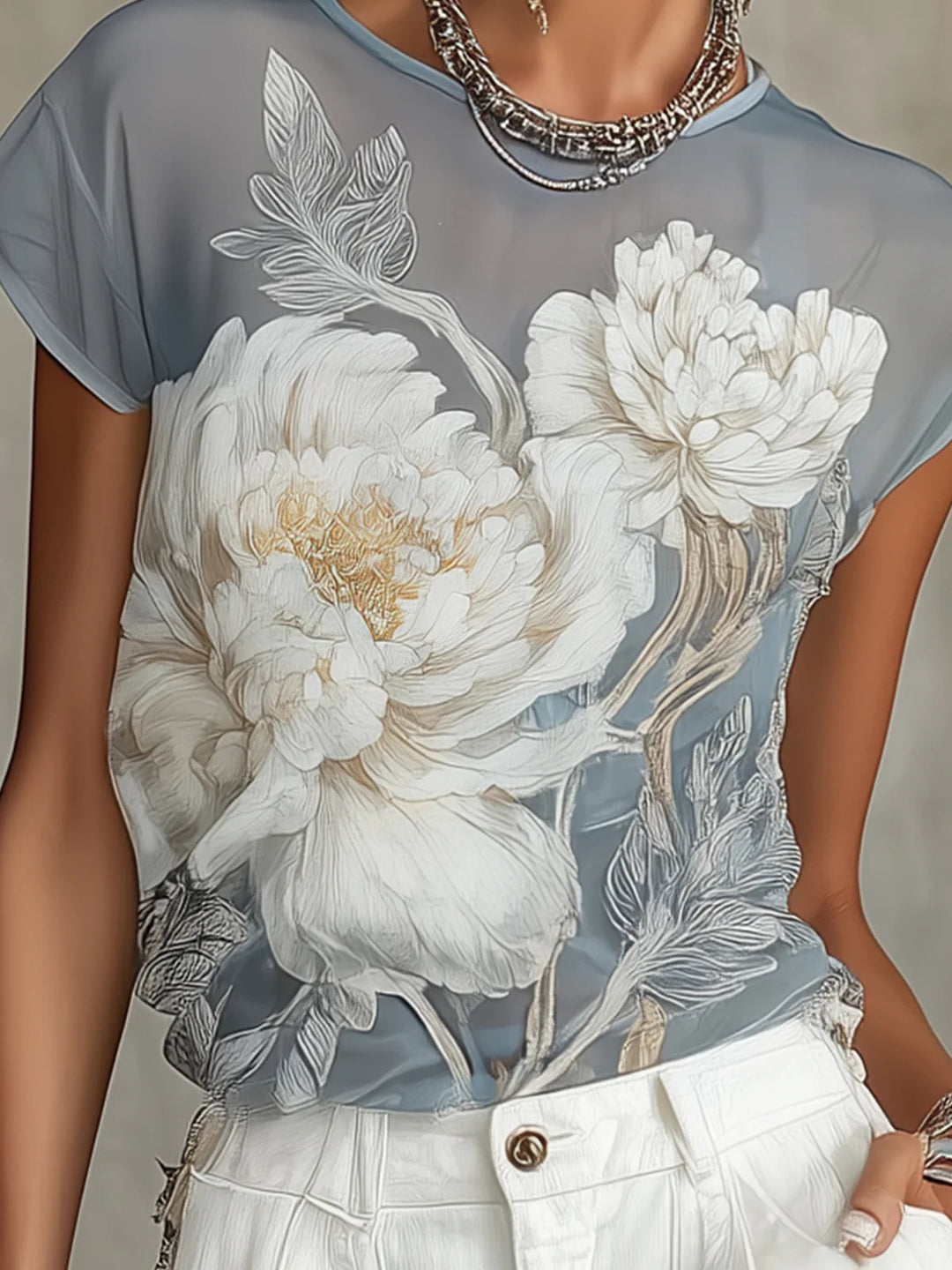 Blauwe bloemen chiffon blouse