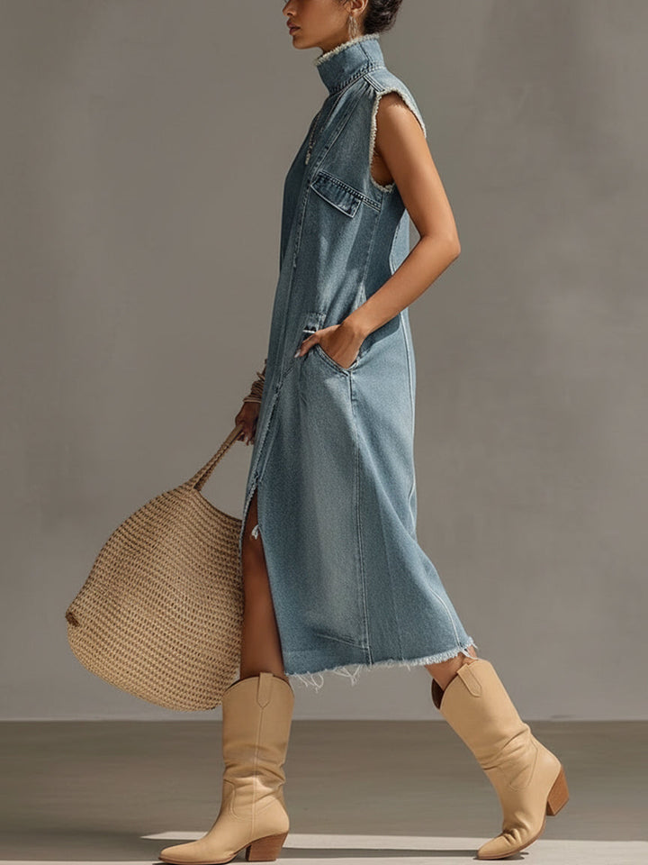 The Washed Denim Frayed Dress