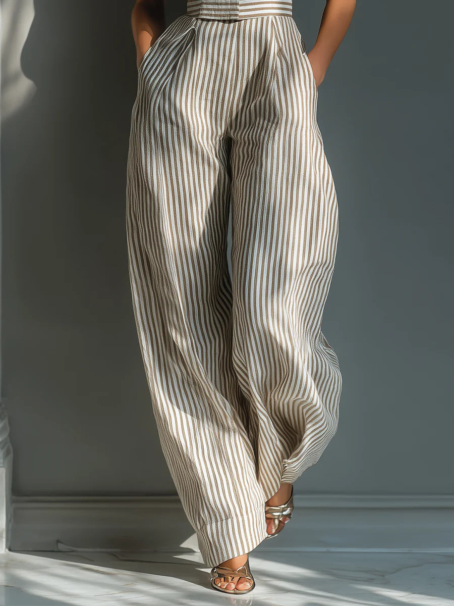 Beiger Jumpsuit aus Leinenmischung mit Streifen, Knoten an der Schulter und weitem Bein