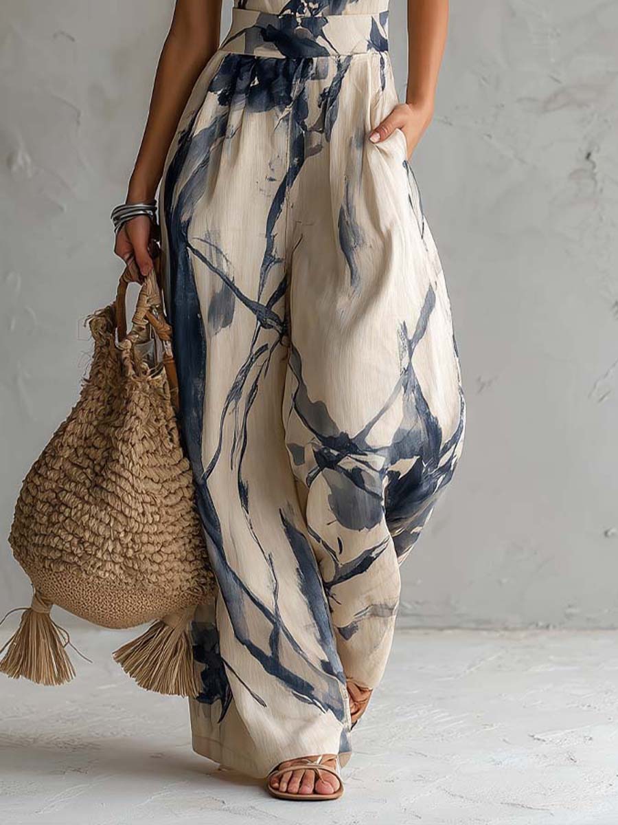 Halter-Neck Jumpsuit mit Ink-Wash-Print, weitem Bein und Taschen