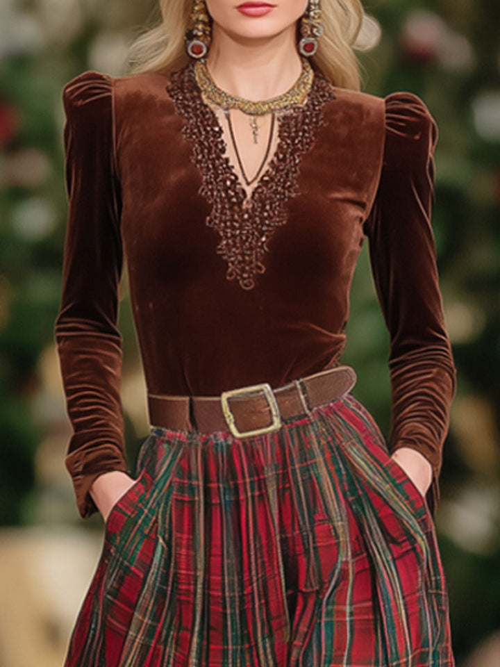 V-neck Lace Long-sleeved T-shirt And Red Plaid Skirt Set