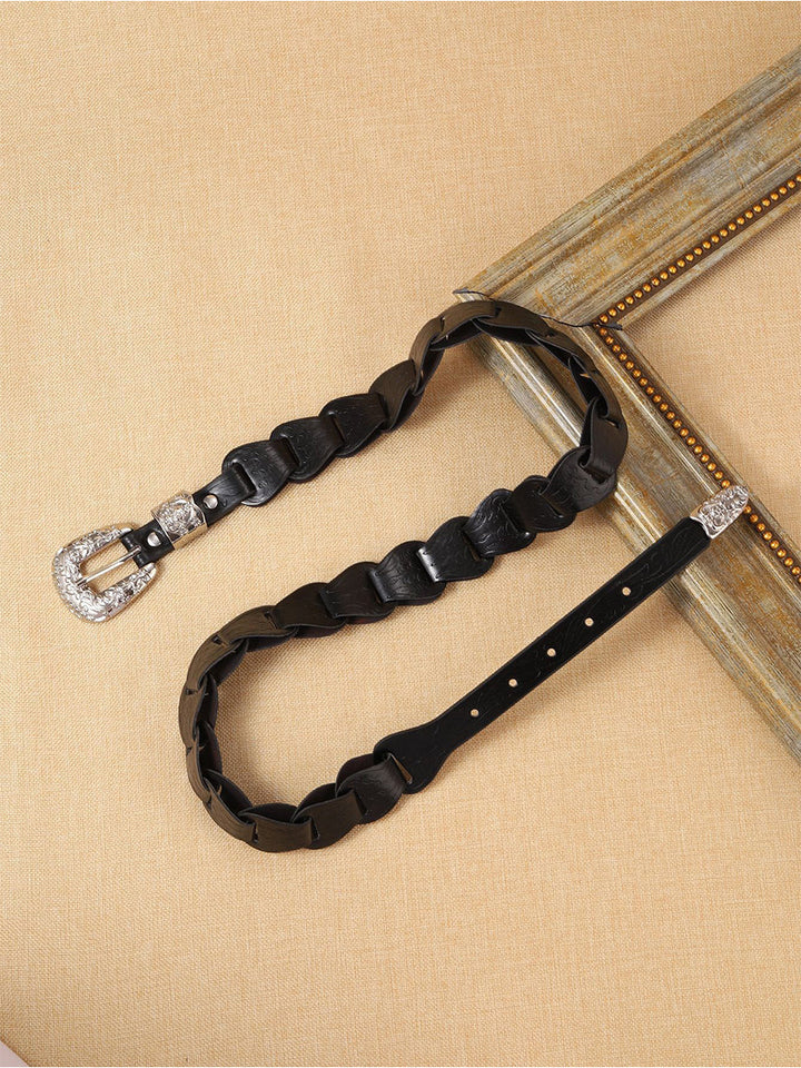 Women's Elegant Western - Style Faux Leather Floral - Embossed Waist Belt