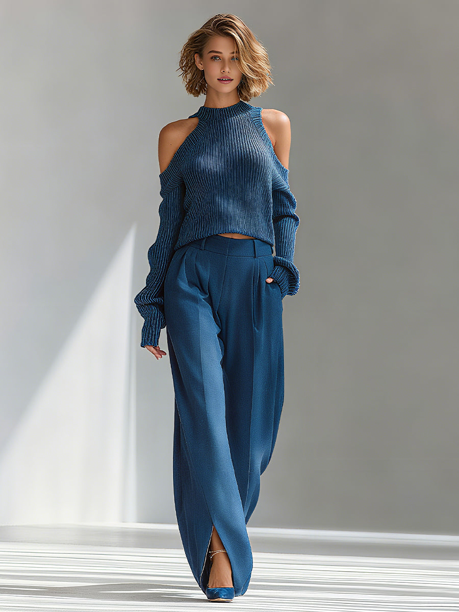 Women's Blue Elegant Ribbed Knit Cold - Shoulder Sweater And Wide - Leg Pants Set