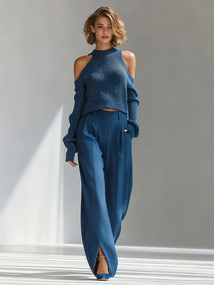 Women's Blue Elegant Ribbed Knit Cold - Shoulder Sweater And Wide - Leg Pants Set