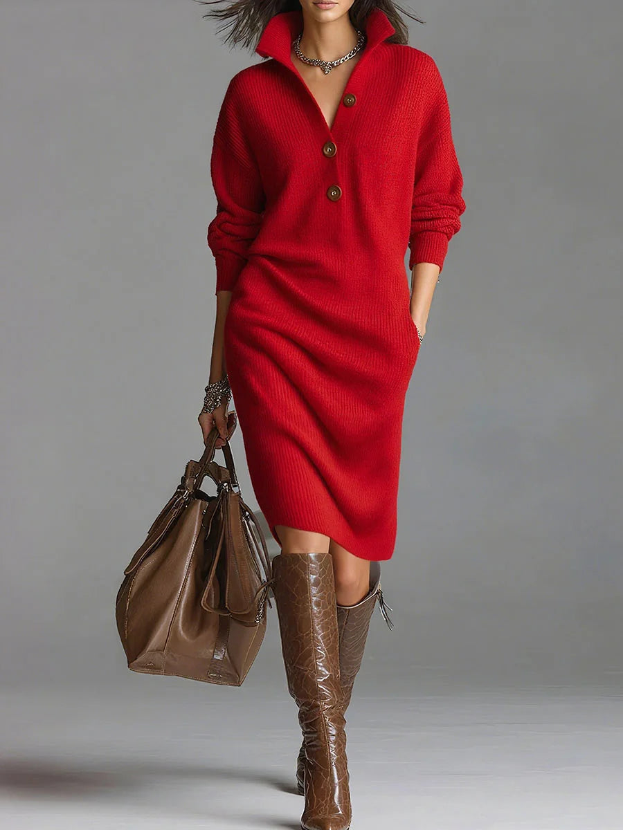 Solid color stand collar long sleeve loose knit dress