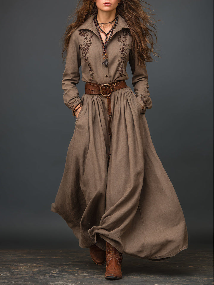 Retro Western Embroidered Cotton Maxi Dress With Belt